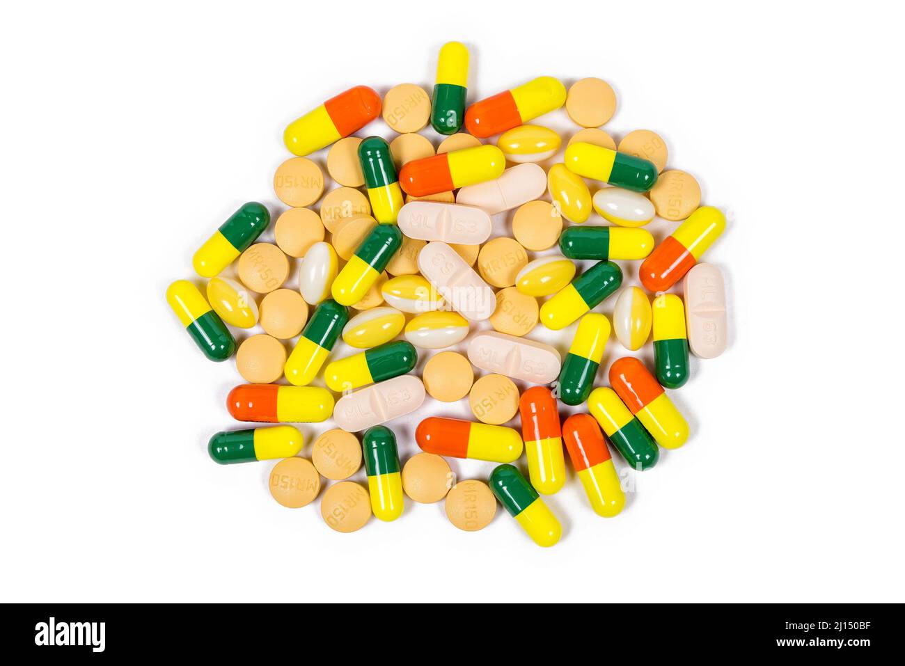 Selezione di pillole e compresse multicolore su sfondo bianco puro Foto Stock