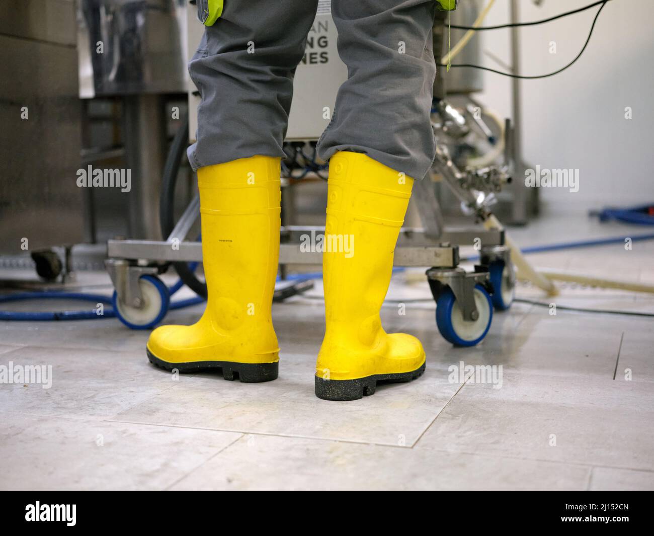 Gambe di un lavoratore con stivali gialli vividi in una birreria artigianale Foto Stock