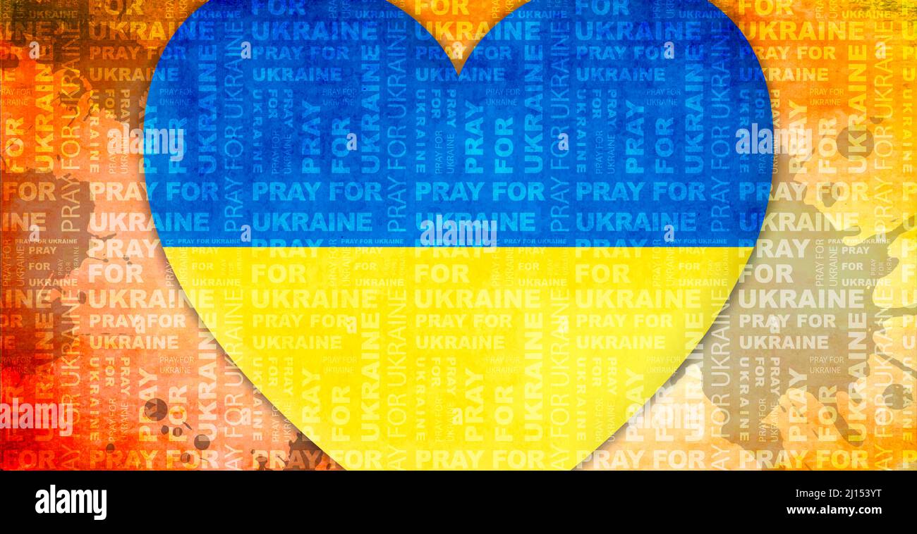 Illustrazione di un cuore di bandiera Ucraina blu e gialla su sfondo a colori, in stile piatto. Foto Stock