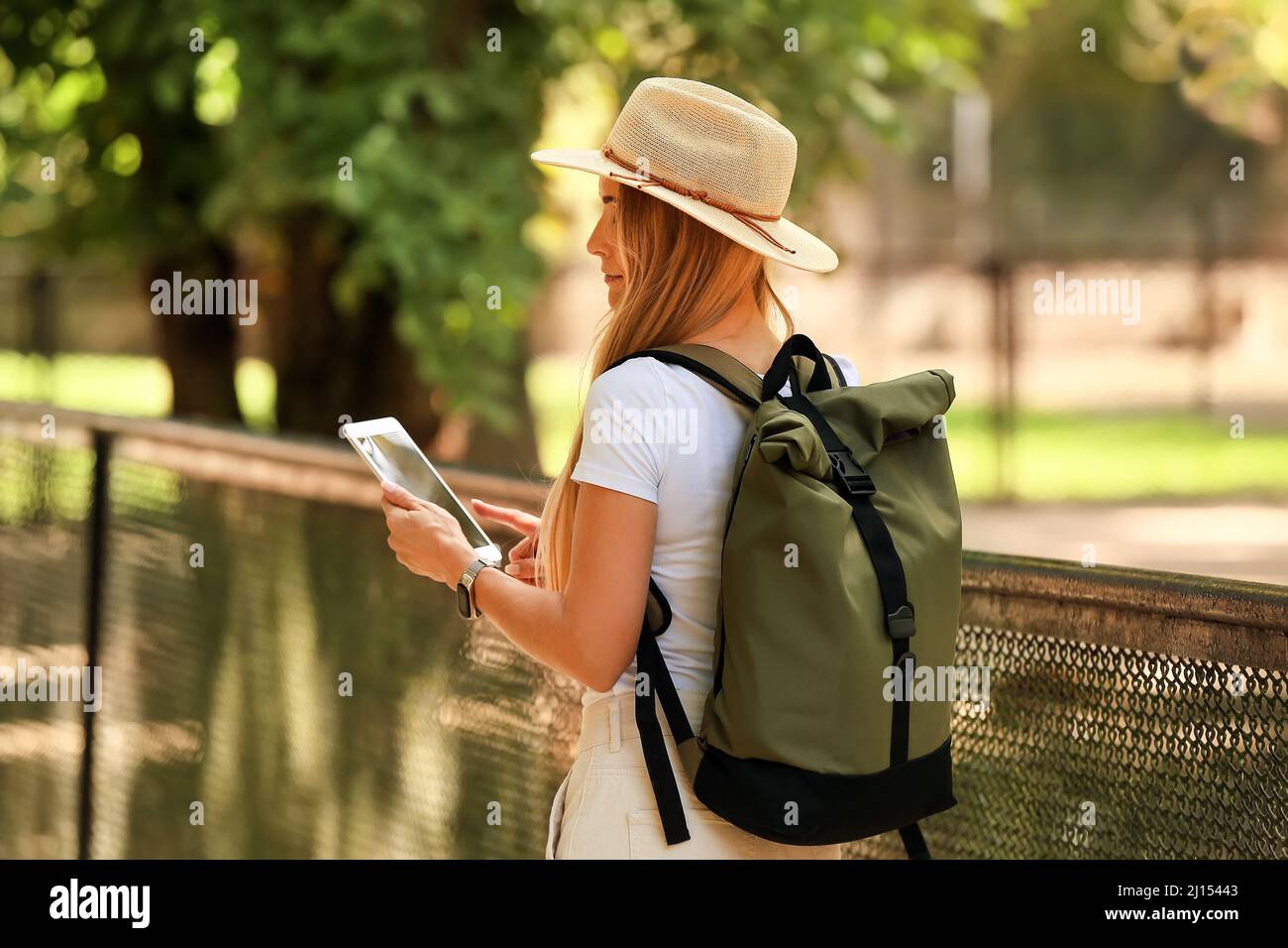 Turista femminile con computer tablet in giardino zoologico Foto Stock