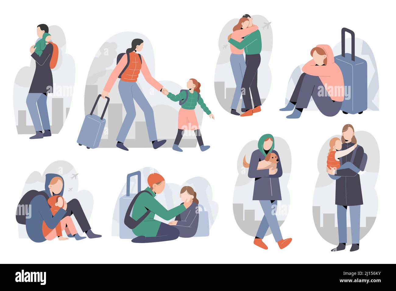 Rifugiati che lasciano il paese, persone che temono conflitti di guerra, immigrati con bambini, bambini che fuggono dalla crisi umanitaria, madri con bambini Illustrazione Vettoriale