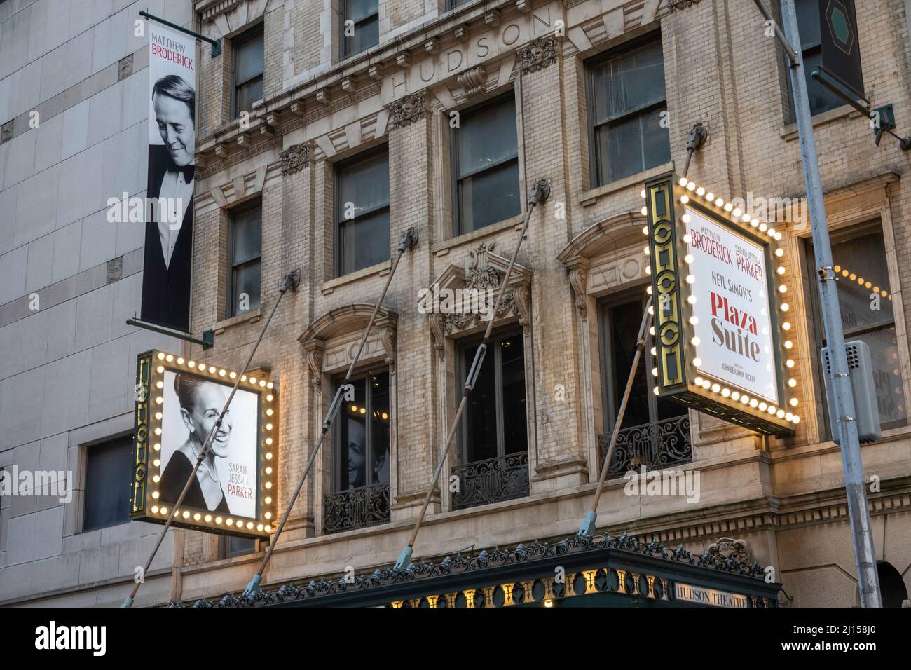 Hudson Theatre Marquee 'Plaza Suite' al Millennium Broadway Hotel, NYC USA Foto Stock