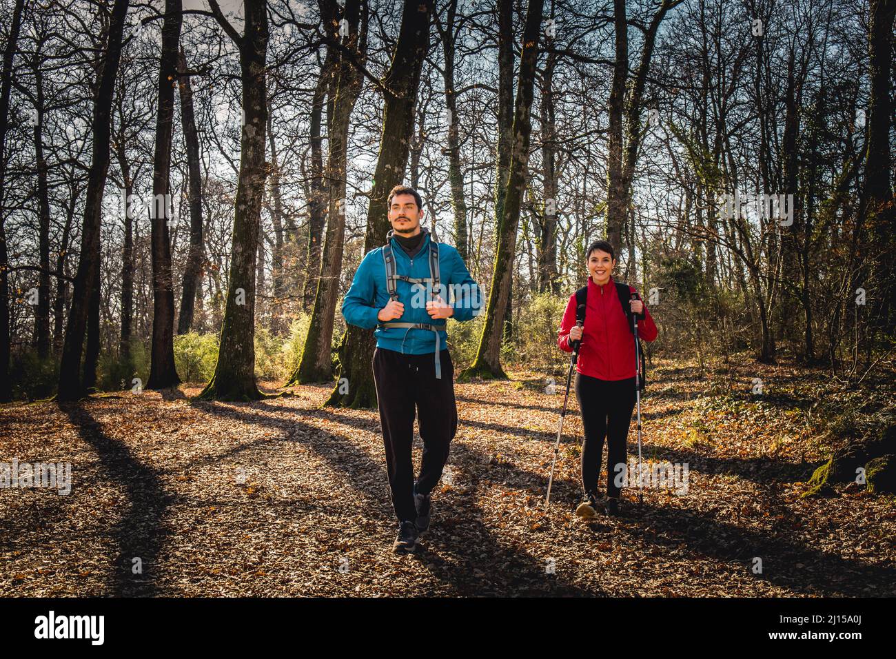 La giovane coppia sta camminando nei boschi al tramonto. La donna ha una giacca rosa e utilizza pali da trekking, l'uomo ha una giacca blu. Foto Stock