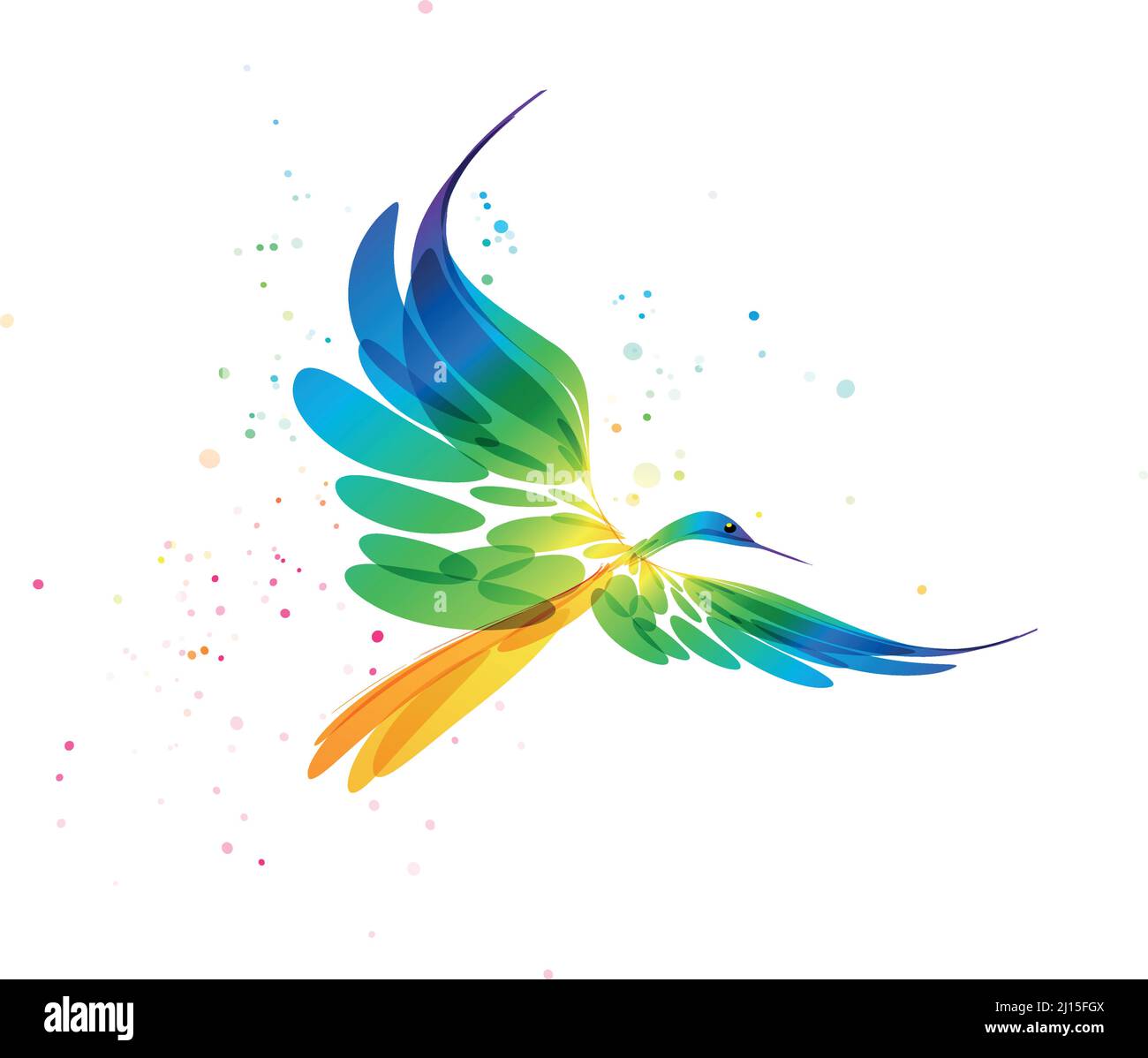 Arte stilizzata degli uccelli, uccello colorato su sfondo bianco, uccello fantasy in volo, uccello grafico astratto, immagine vettoriale a colori Illustrazione Vettoriale