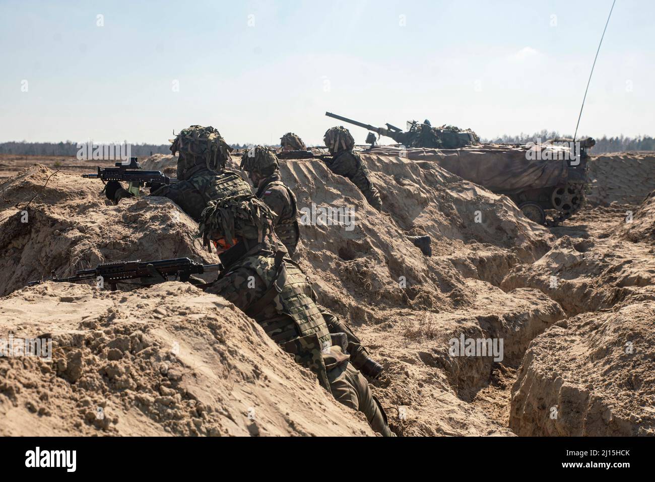 I soldati polacchi assegnati a 18th Mechanized Division si impegnano a bersagli durante un'esercitazione combinata di fuoco dal vivo con i paracadutisti assegnati alla Brigade Combat Team 3rd, 82nd Airborne Division, marzo 17 a Nowa Deba, Polonia. La missione della Divisione Airborne 82nd in Polonia è quella di assicurare i loro alleati polacchi e di rafforzare la disponibilità e il rafforzamento dell'Alleanza NATO. (STATI UNITI Foto del corpo marino di Sgt. Claudia Nix) Foto Stock