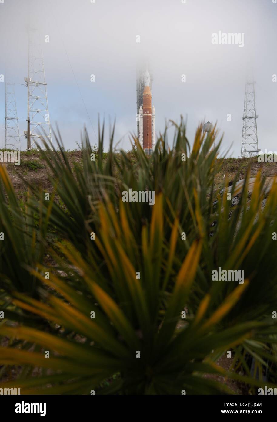 Il razzo Space Launch System (SLS) della NASA con la navicella spaziale Orion a bordo è visto in cima a un lanciatore mobile al Launch Complex 39B, venerdì 18 marzo 2022, dopo essere stato lanciato sul trampolino di lancio per la prima volta al Kennedy Space Center della NASA in Florida. Prima del test di volo Artemis i della NASA, il razzo SLS completamente accatastato e integrato e la navicella spaziale Orion saranno sottoposti a una prova di vestito bagnato al Launch Complex 39B per verificare i sistemi e mettere in pratica le procedure di conto alla rovescia per il primo lancio. Photo Credit: (NASA/Joel Kowsky) Foto Stock