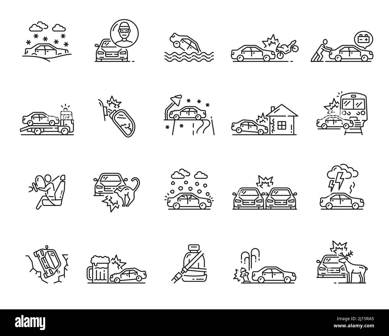 Icone di incidenti, danni, collisioni, guasti, ostacoli e segni vettoriali di emergenza. Assicurazione auto simboli isolati con veicolo stradale, auto rotte e moto Illustrazione Vettoriale