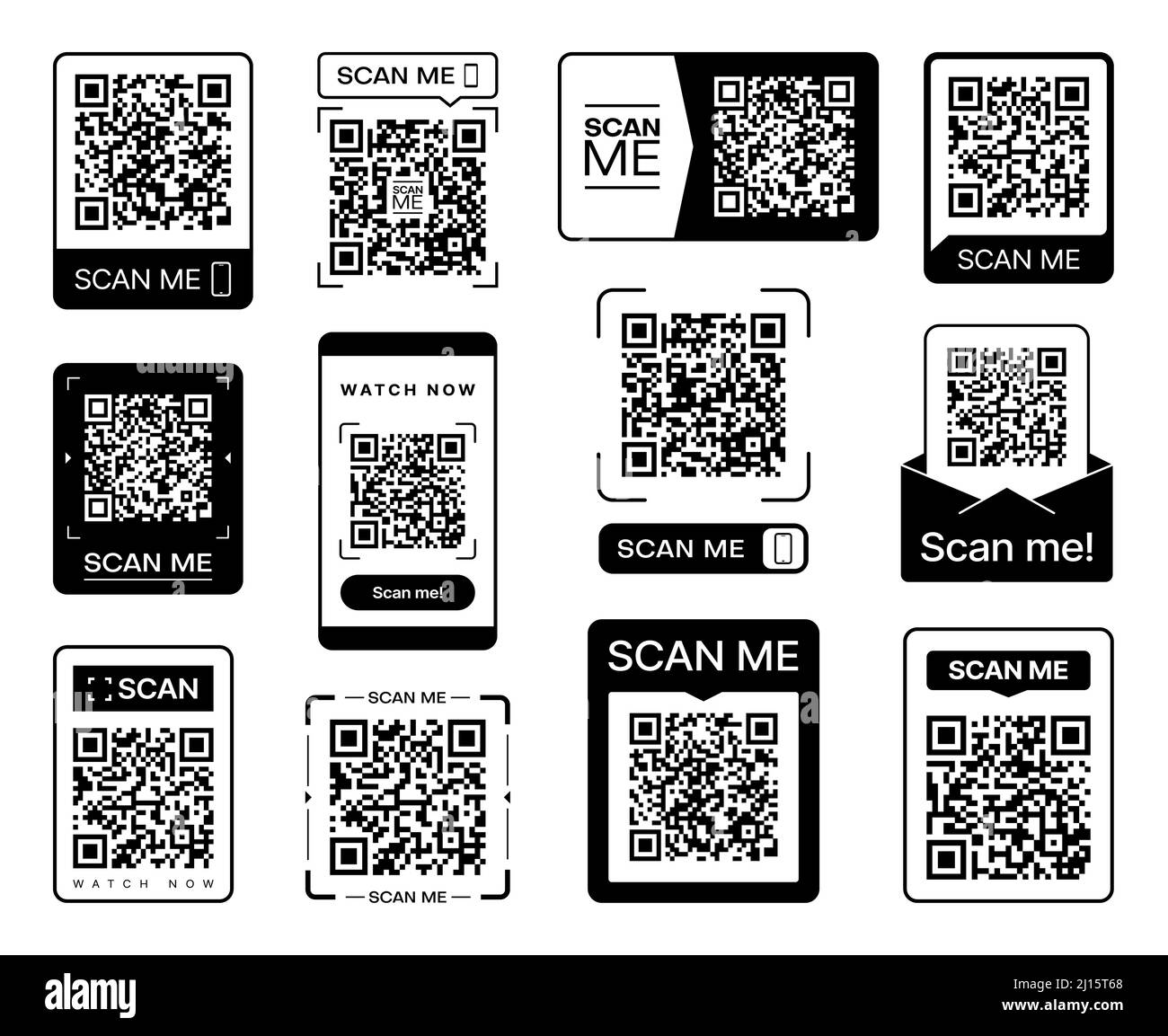 Icone adesive Scan me QR code per scanner di codici a barre per telefono, qrcode vettoriale per smartphone. Codice QR con tag Scan me per app o pulsante web per guardare ora video o Internet e link al sito web Illustrazione Vettoriale