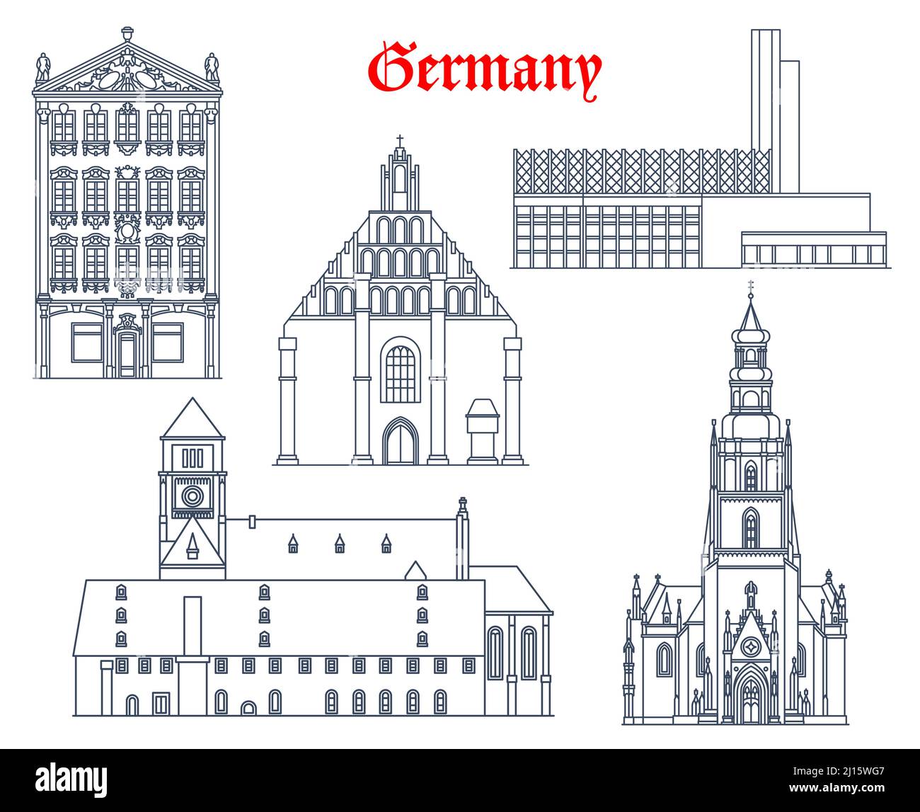 Germania edifici di architettura di Chemnitz, Kamenz e Zwickau, vettore viaggio luoghi di interesse. Edifici tedeschi di Siegertsches Haus o Siegert House, Stadthalle City Hall, St Mary Church Marienkirche Illustrazione Vettoriale