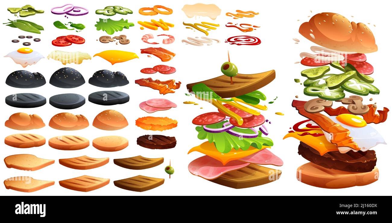 Hamburger volanti, sandwich e ingredienti. Costruttore di fastfood con panini, toast di pane, formaggio, fette di verdure, polpettine e salse. Set di cartoni animati vettoriali di pomodoro, pancetta, insalata, cipolla, ketchup, uovo Illustrazione Vettoriale