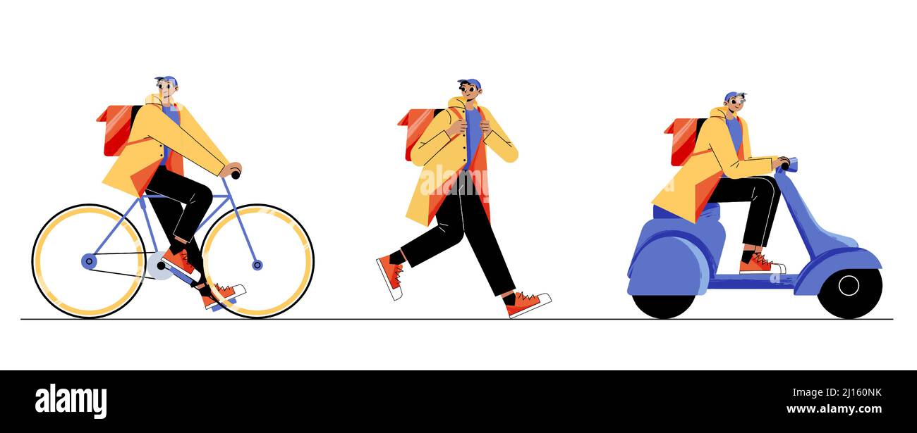 Il corriere consegna pacchi in bicicletta, a piedi e scooter. Addetto al servizio spedizioni con corrispondenza, posta, documenti, cibo, trasporto ordini al cliente, illustrazione flat vettoriale della linea Cartoon art Illustrazione Vettoriale