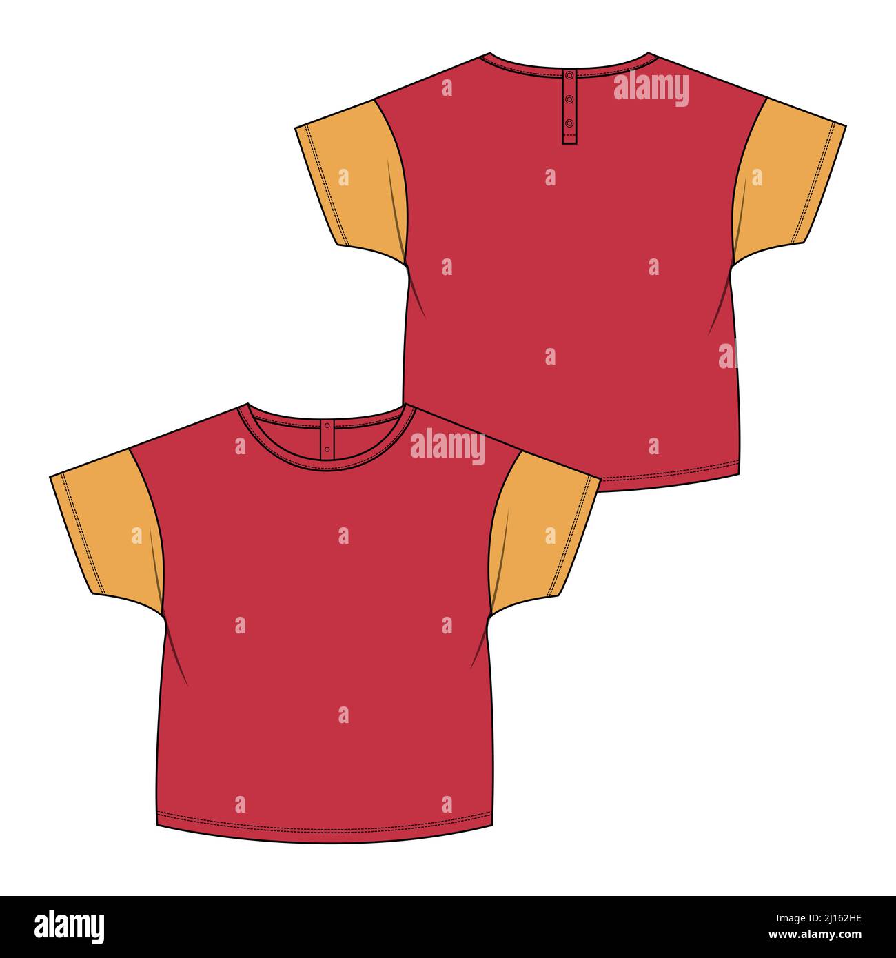 Modello di abbigliamento T-shirt a manica corta a due tonalità rosso, giallo per bambine. Tecnica Fashion disegno piatto vettore illustrazione mock su fronte Illustrazione Vettoriale