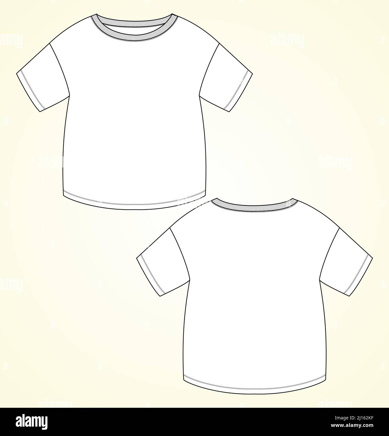 Manica corta manica a collo tondo T- shirt tecnica Moda piatta disegno vettoriale modello per bambini. Abbigliamento design CAD Mock up Vector Illustra Illustrazione Vettoriale