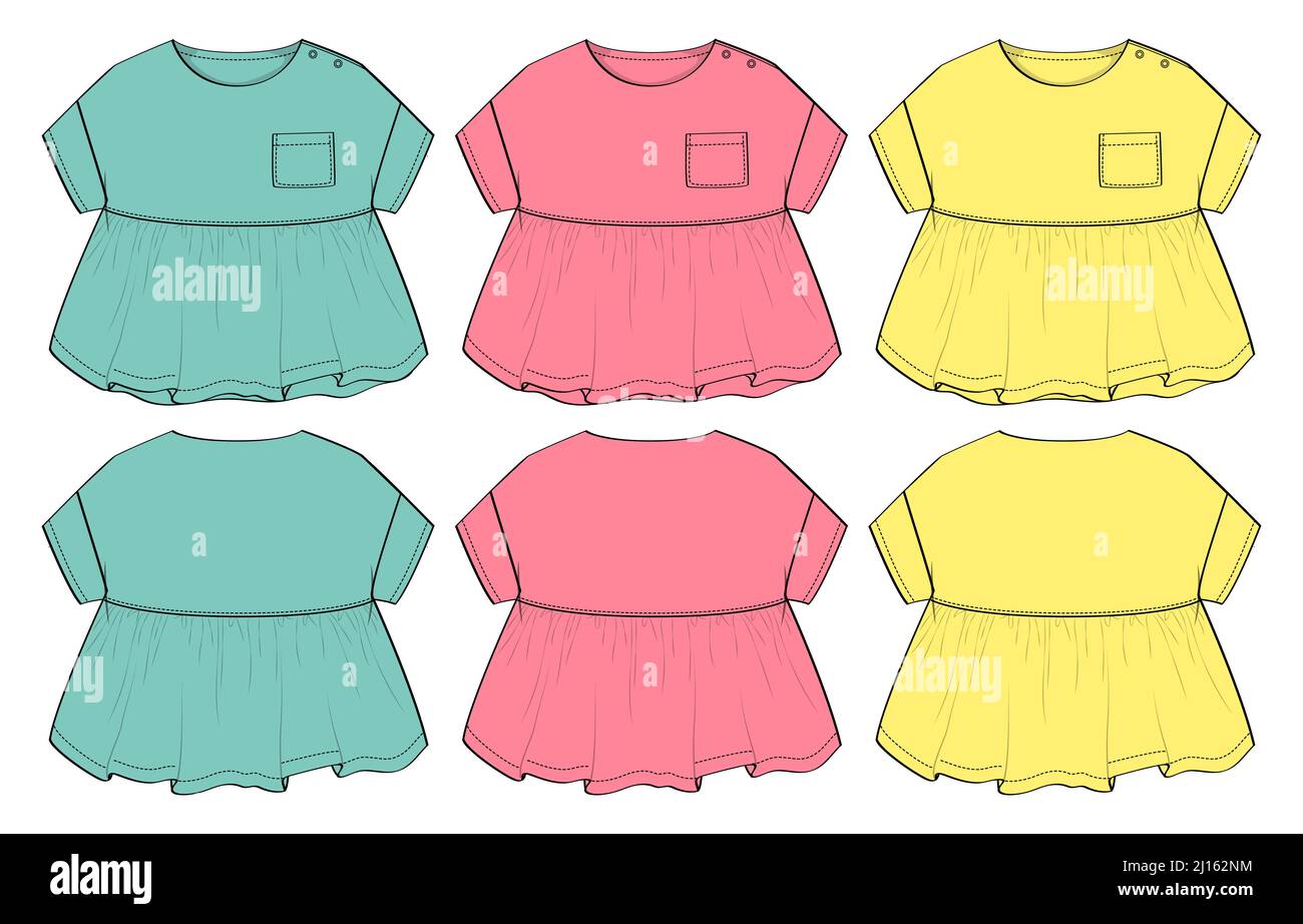 Multicolore Set di collezione Baby girls dress design tecnico Flat sketch vettoriale modello di illustrazione. Abbigliamento Mock up vista anteriore e posteriore Illustrazione Vettoriale