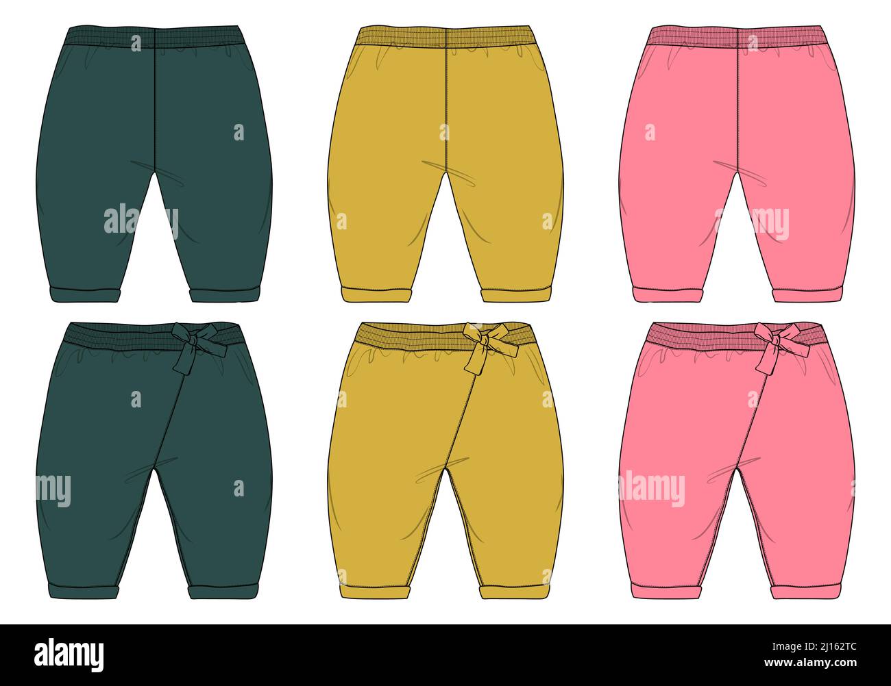 Multicolor Kids Pajama Pant tecnica disegno flat disegno vettoriale con media lunghezza vitello, vita normale. Set di collezione mock su fronte e. Illustrazione Vettoriale
