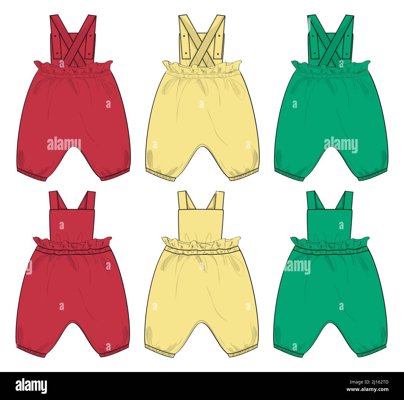 Multicolore Kids Dungaree Dress design Sketch tecnica moda illustrazione vettoriale modello vista frontale e posteriore. Illustrazione Vettoriale