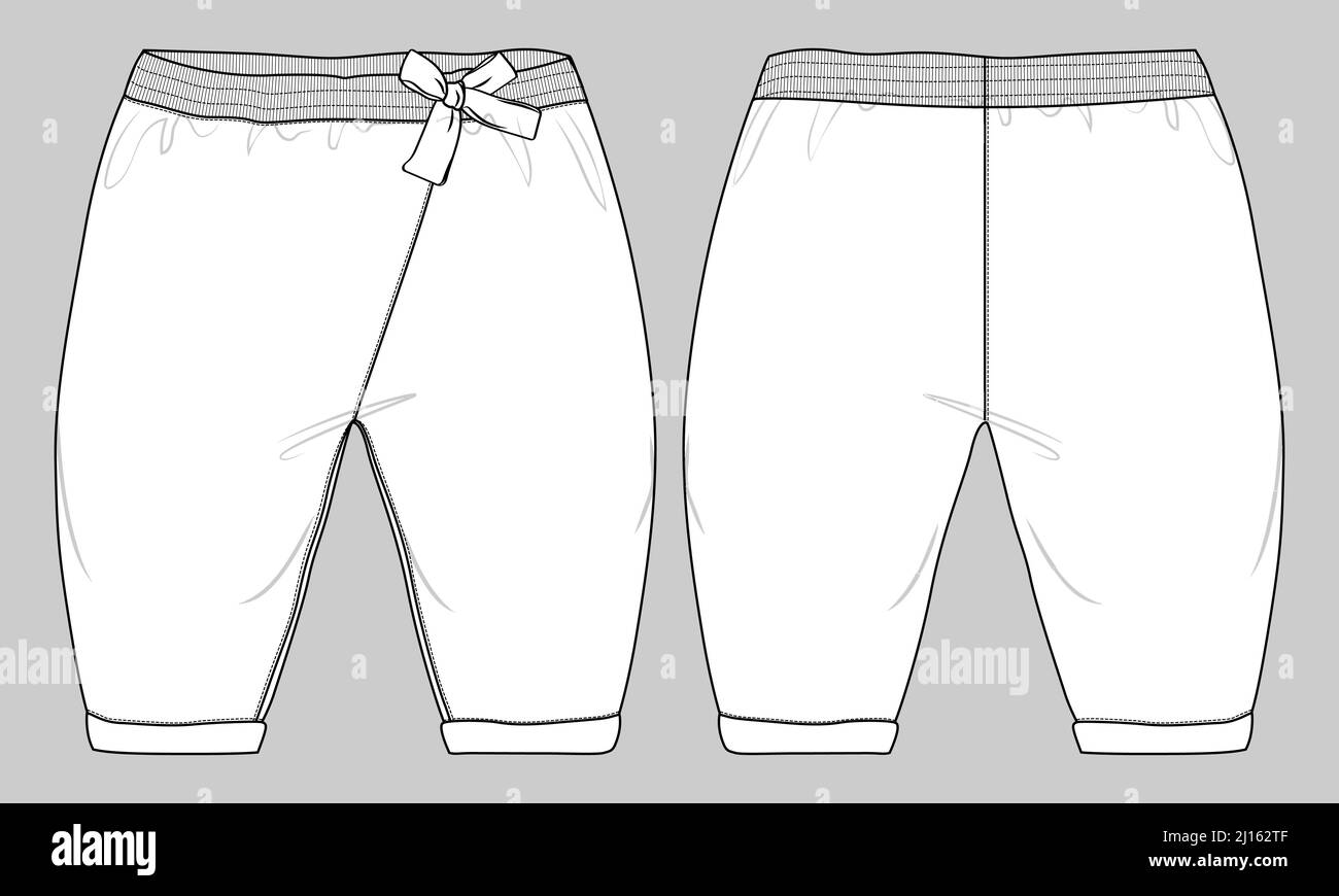Per i bambini Pajama Pant tecnica disegno flat disegno vettoriale di moda con media lunghezza del polpaccio, vita normale. Set di collezione mock up davanti e dietro vi Illustrazione Vettoriale