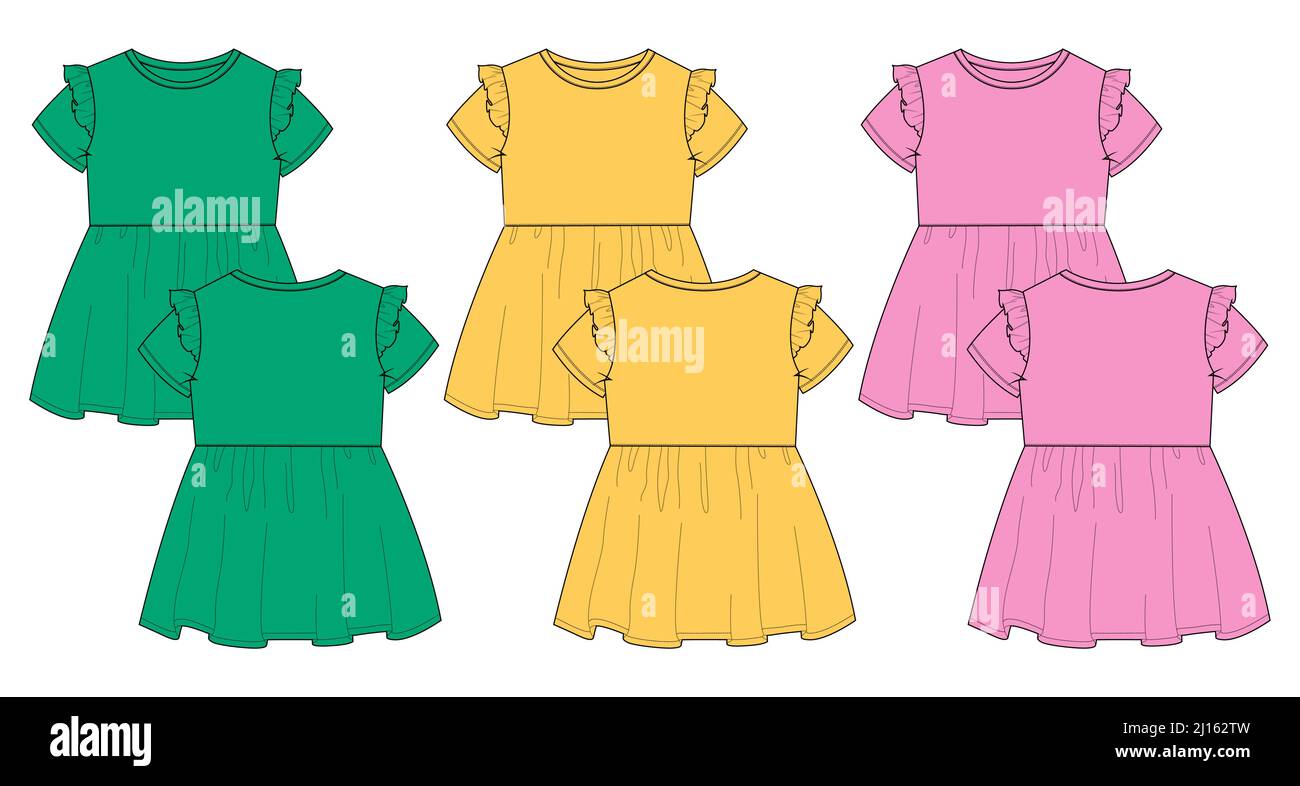Multicolore Set di collezione Baby girls dress design tecnico Flat sketch vettoriale modello di illustrazione. Abbigliamento Mock up vista anteriore e posteriore Illustrazione Vettoriale