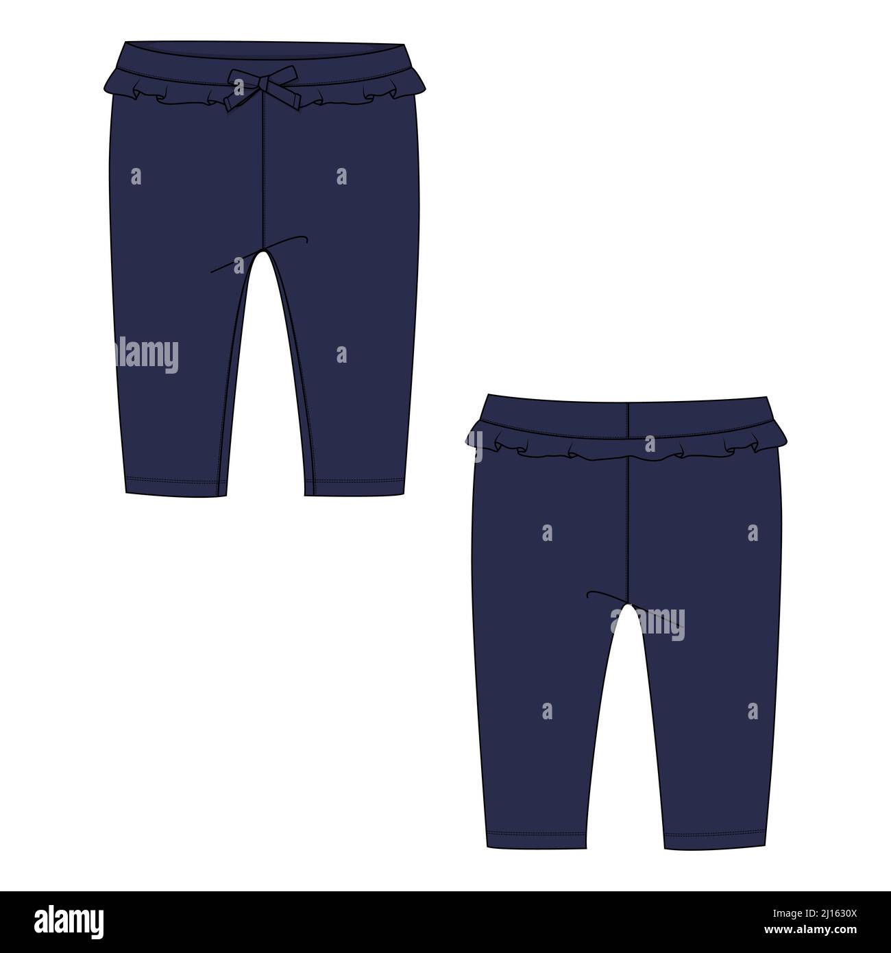 Pantaloni in tessuto di cotone per bambine. Vista frontale e posteriore del modello vettoriale di schizzo piatto Fashion tecnica generale. Collezione pantaloni in pant di colore Navy Basi Illustrazione Vettoriale