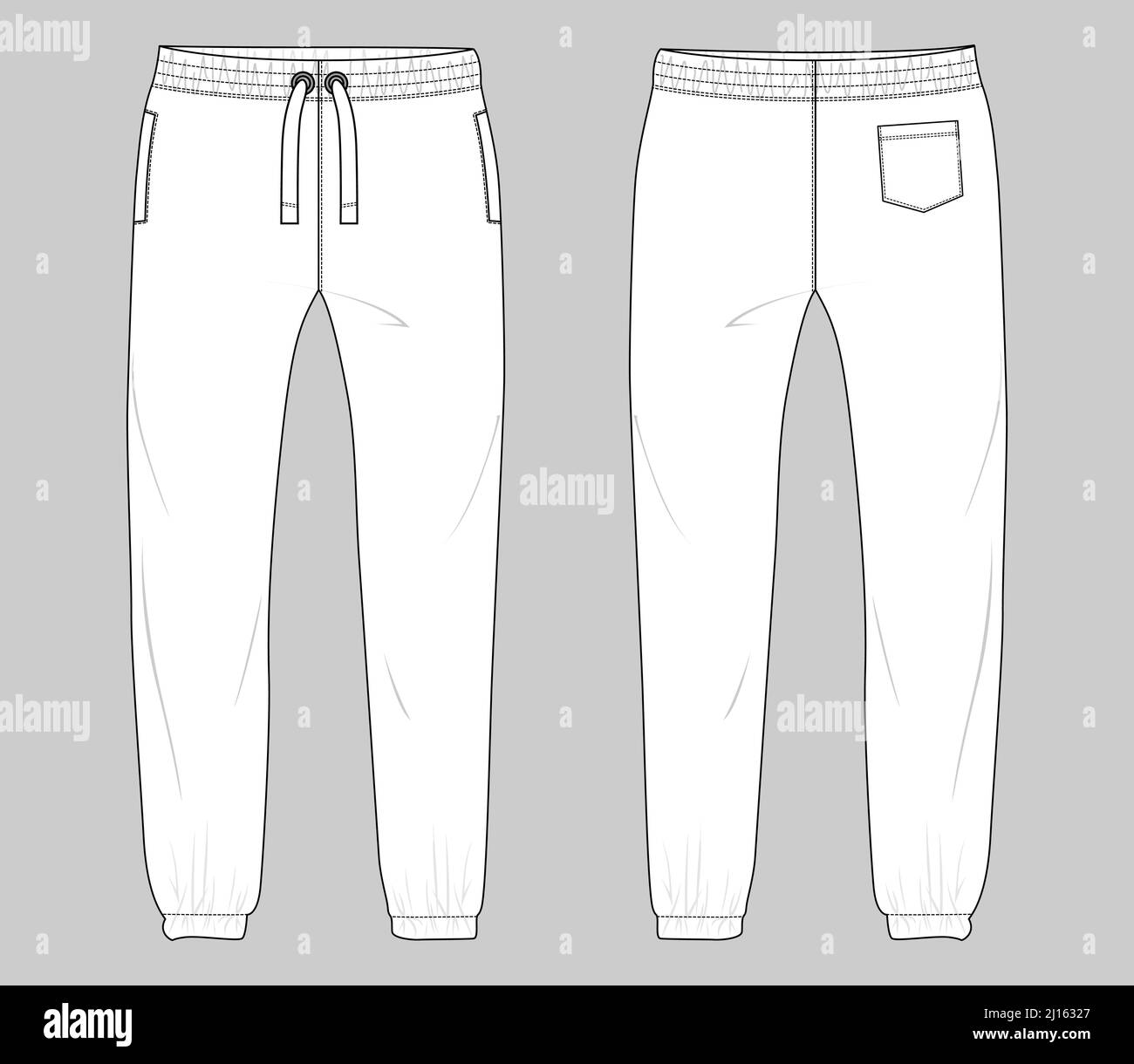 Tessuto in fleece Jogger Sweatpants tuta tecnica moda piatta disegno vettoriale modello vista frontale, posteriore e laterale isolato su sfondo bianco Illustrazione Vettoriale