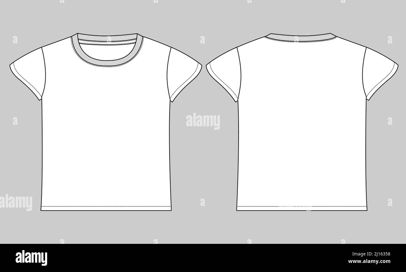 Manica corta Basic T-shirt tecnica disegno flat vettore Illustrazione modello vista frontale e posteriore. Abbigliamento di base Design Mock up for Kids, ragazzo Illustrazione Vettoriale