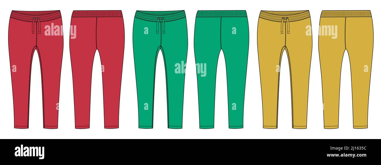 Slim fit pantaloni leggings moda disegno piatto vettore modello  illustrazione vista frontale, posteriore e laterale isolato su sfondo  bianco. Ragazze lungo LEGGGGING mo Immagine e Vettoriale - Alamy