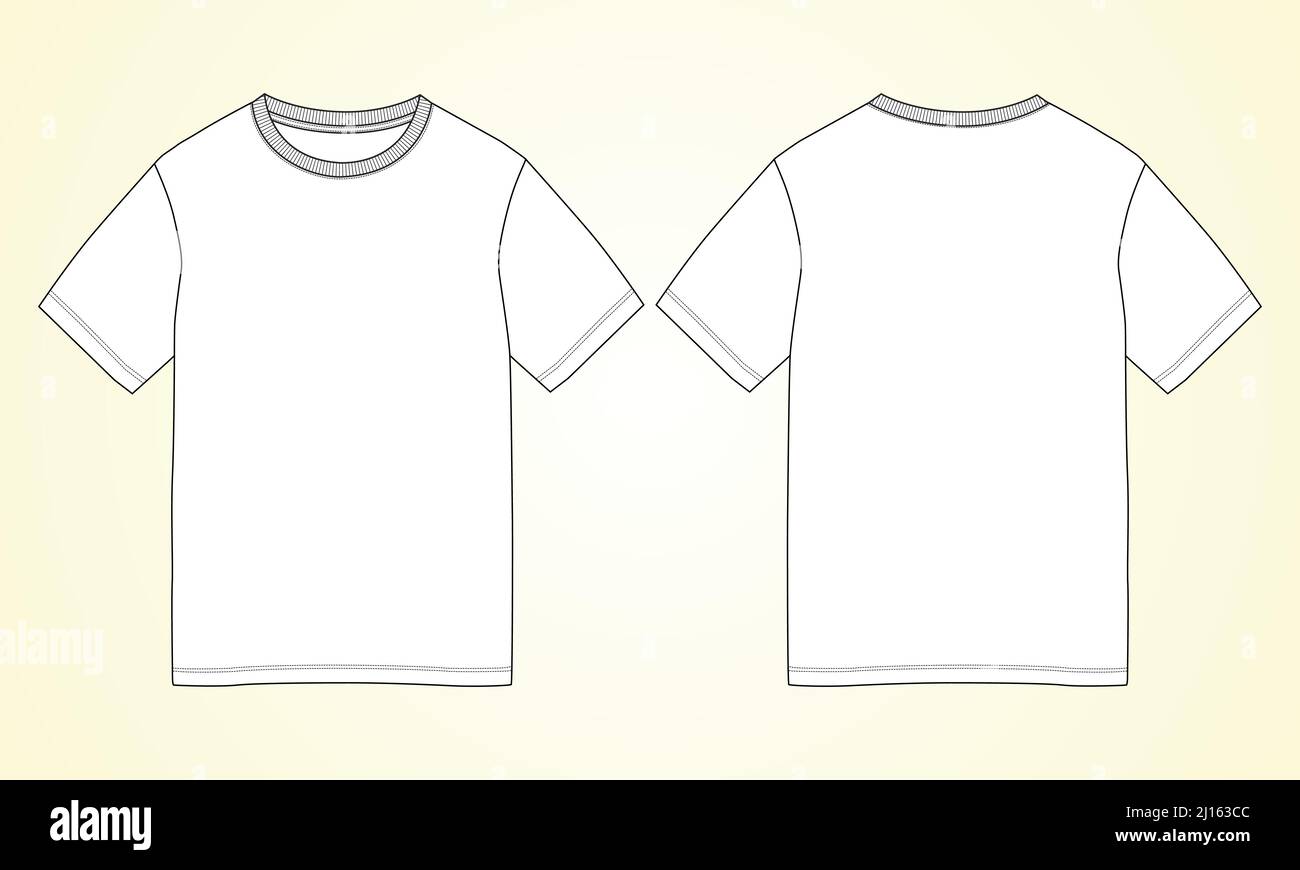 T-shirt a manica corta con manica corta, tecnica, modello piatto con scollo rotondo, vista frontale e posteriore. Disegno artistico di abbigliamento Vector Illustrat Illustrazione Vettoriale