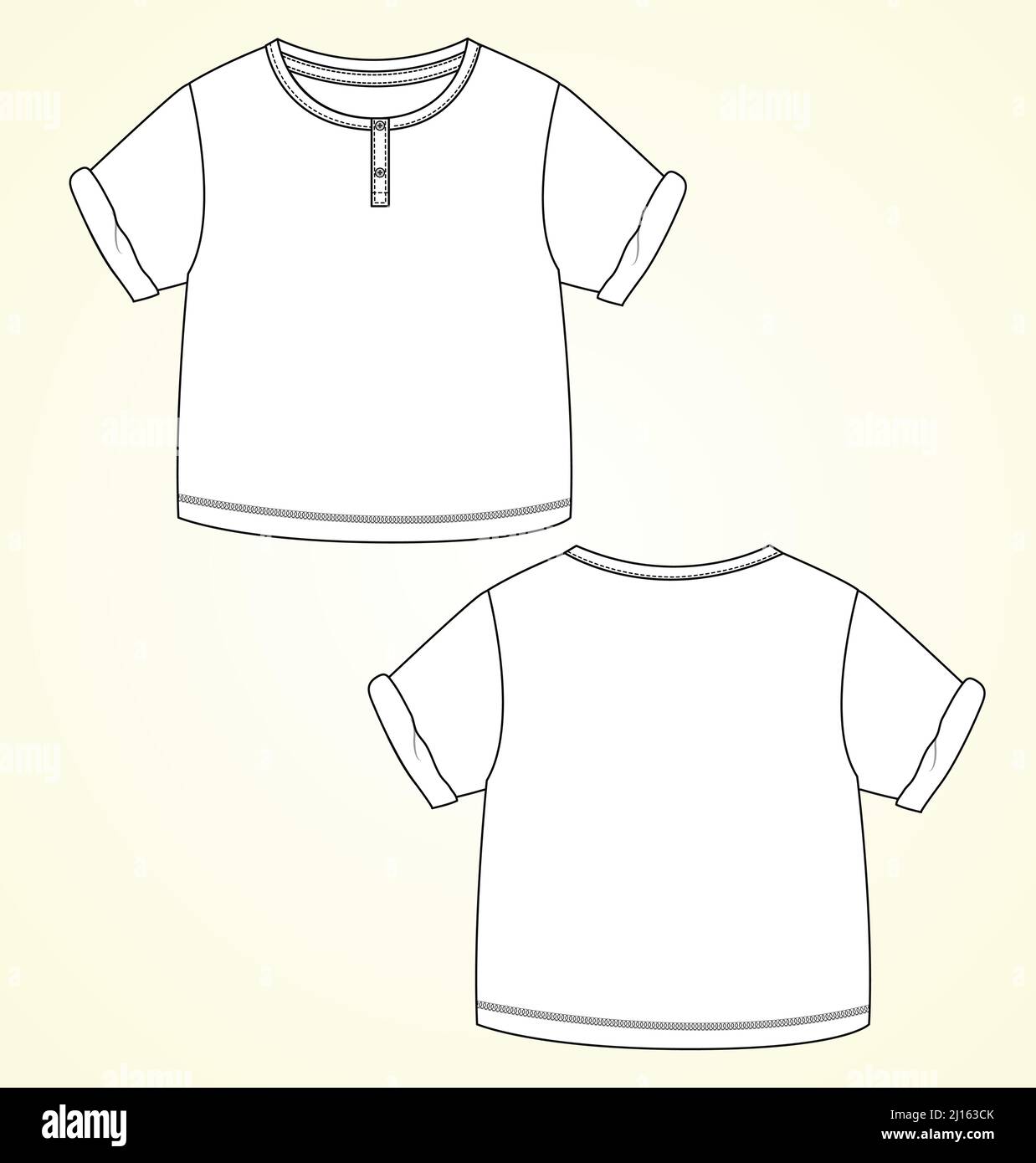Manica corta manica a collo tondo T- shirt tecnica Moda piatta disegno vettoriale modello per bambini. Abbigliamento design CAD Mock up Vector Illustra Illustrazione Vettoriale