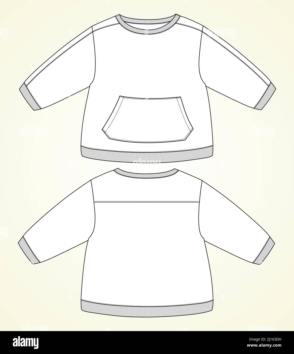 Felpa a manica lunga con tasca disegno tecnico a forma piatta modello di illustrazione vettoriale per bambini. Abbigliamento Design Mock up CAD. Illustrazione Vettoriale