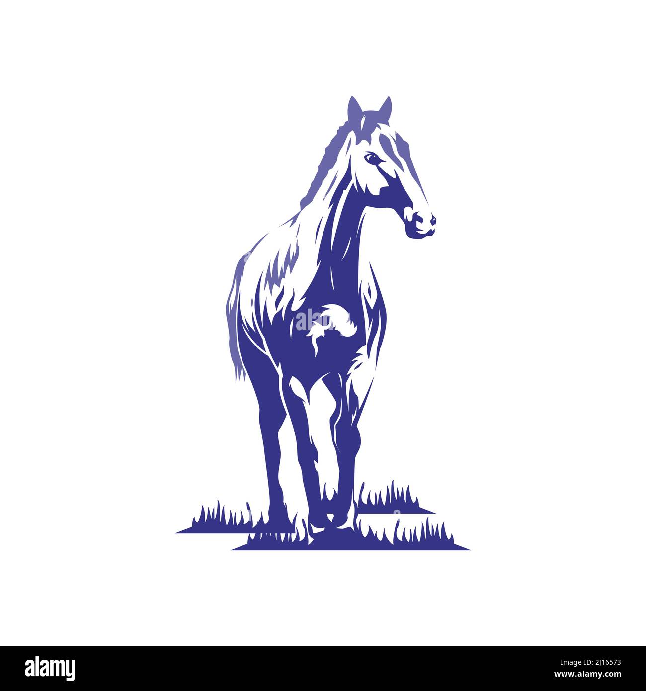 Cavallo in piedi sul prato Vista frontale Animal Farm Wildlife Silhouette Engraving Style Illustrazione Vettoriale