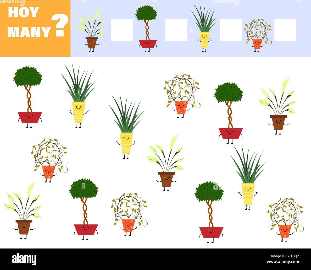 Gioco di matematica per i bambini contare quanti elementi. Contare quanti carini cartoni animati fiori sono in pentole. Illustrazione Vettoriale