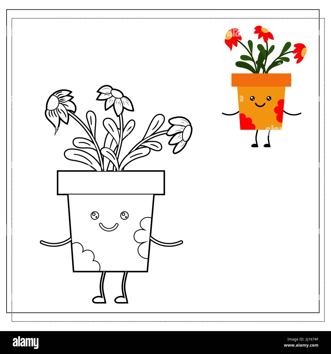 Libro da colorare per bambini. Dipingi un fiore carino del cartone animato in un POT basato sul disegno. Illustrazione Vettoriale
