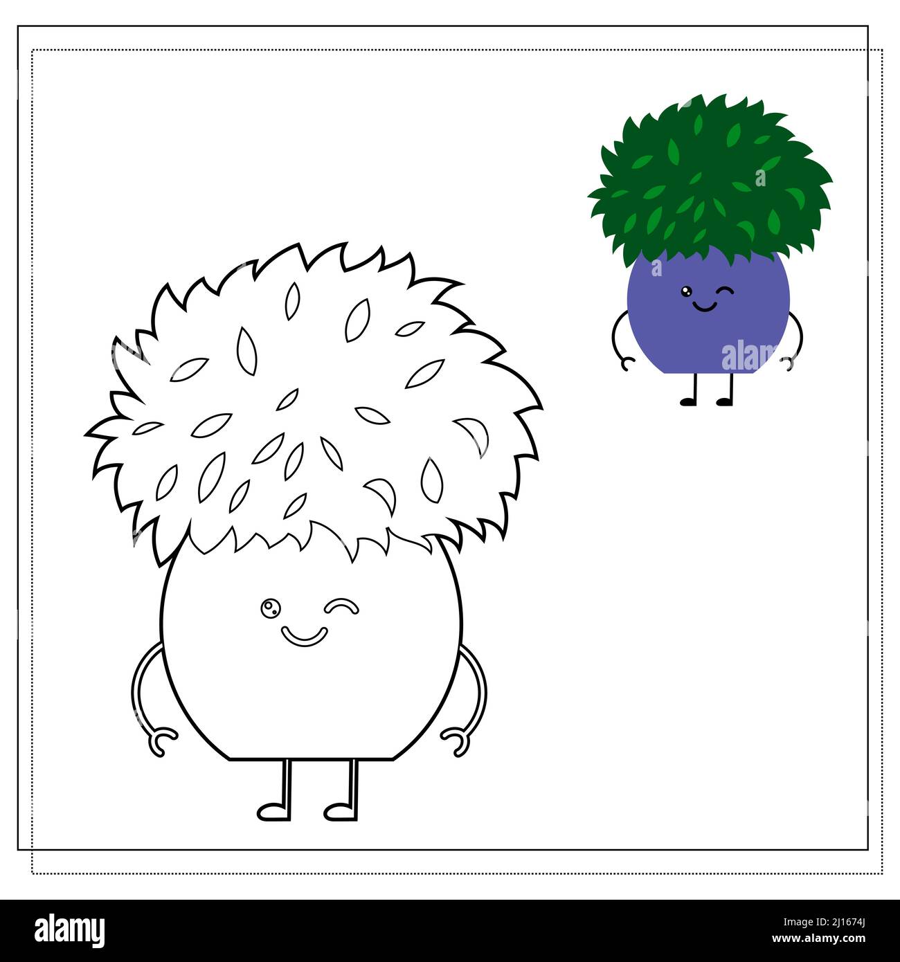 Libro da colorare per bambini. Dipingi un fiore carino del cartone animato in un POT basato sul disegno. Illustrazione Vettoriale