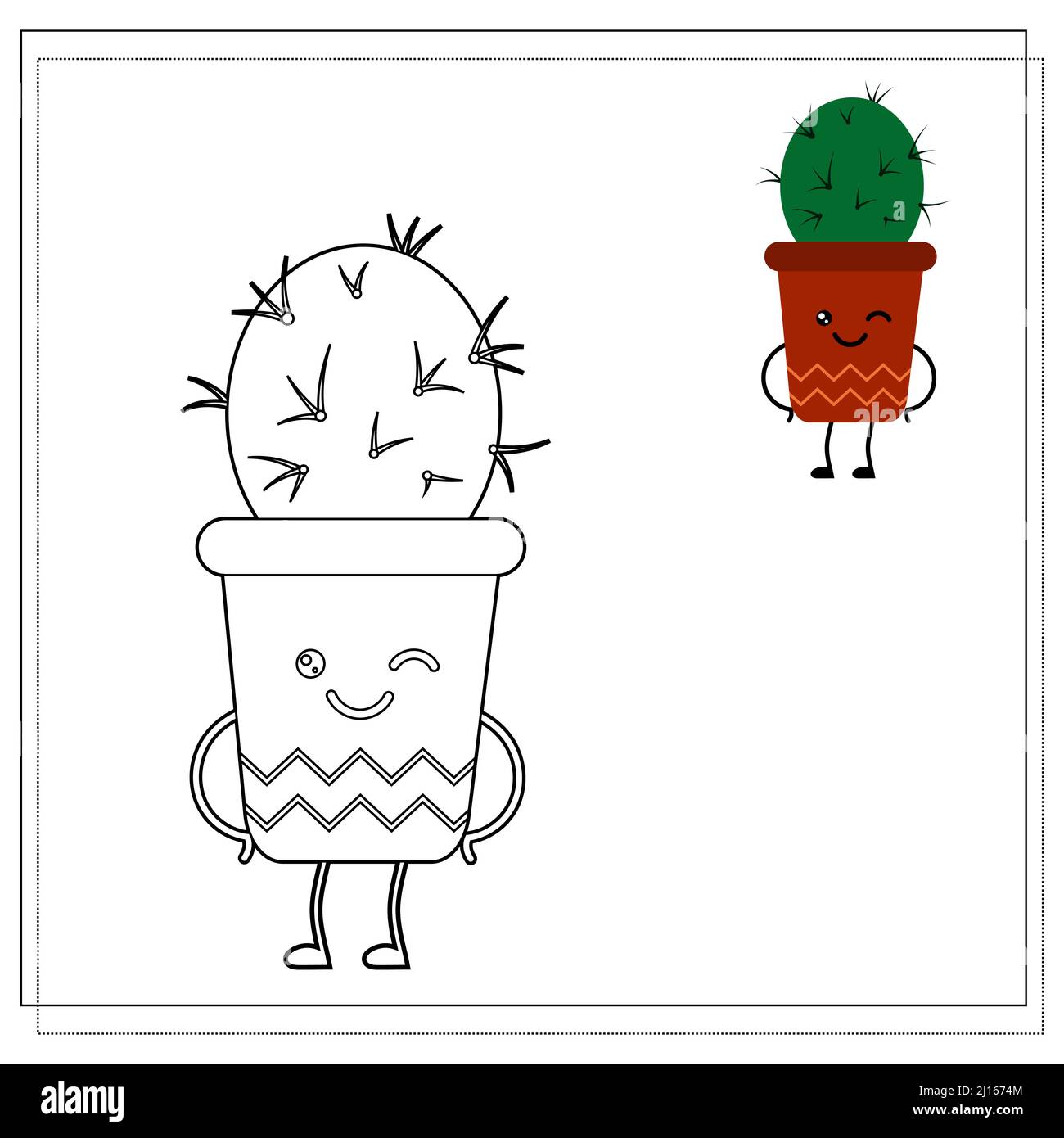 Libro da colorare per bambini. Dipingi un fiore carino del cartone animato in un POT basato sul disegno. Illustrazione Vettoriale