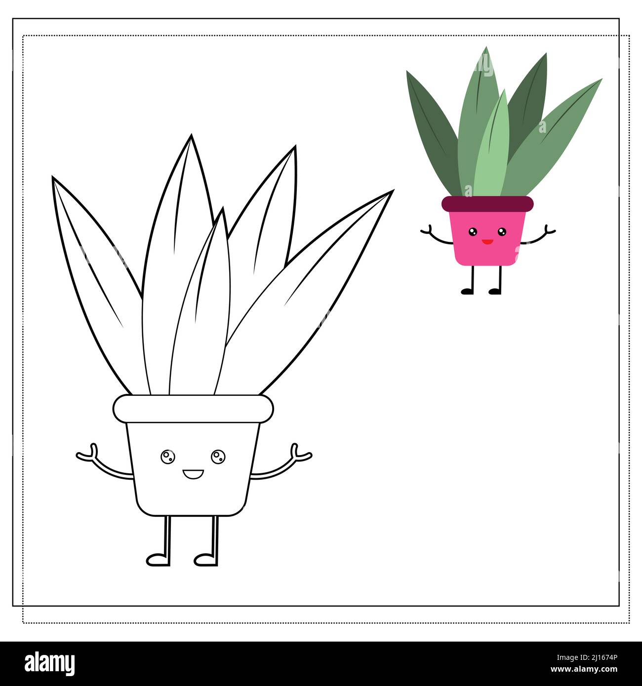 Libro da colorare per bambini. Dipingi un fiore carino del cartone animato in un POT basato sul disegno. Illustrazione Vettoriale