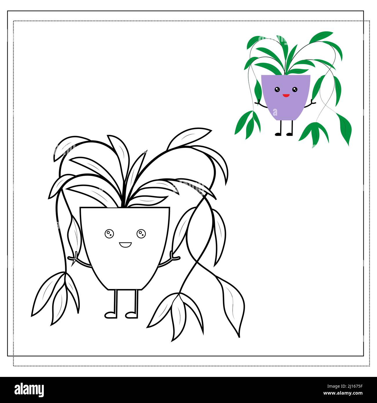 Libro da colorare per bambini. Dipingi un fiore carino del cartone animato in un POT basato sul disegno. Illustrazione Vettoriale