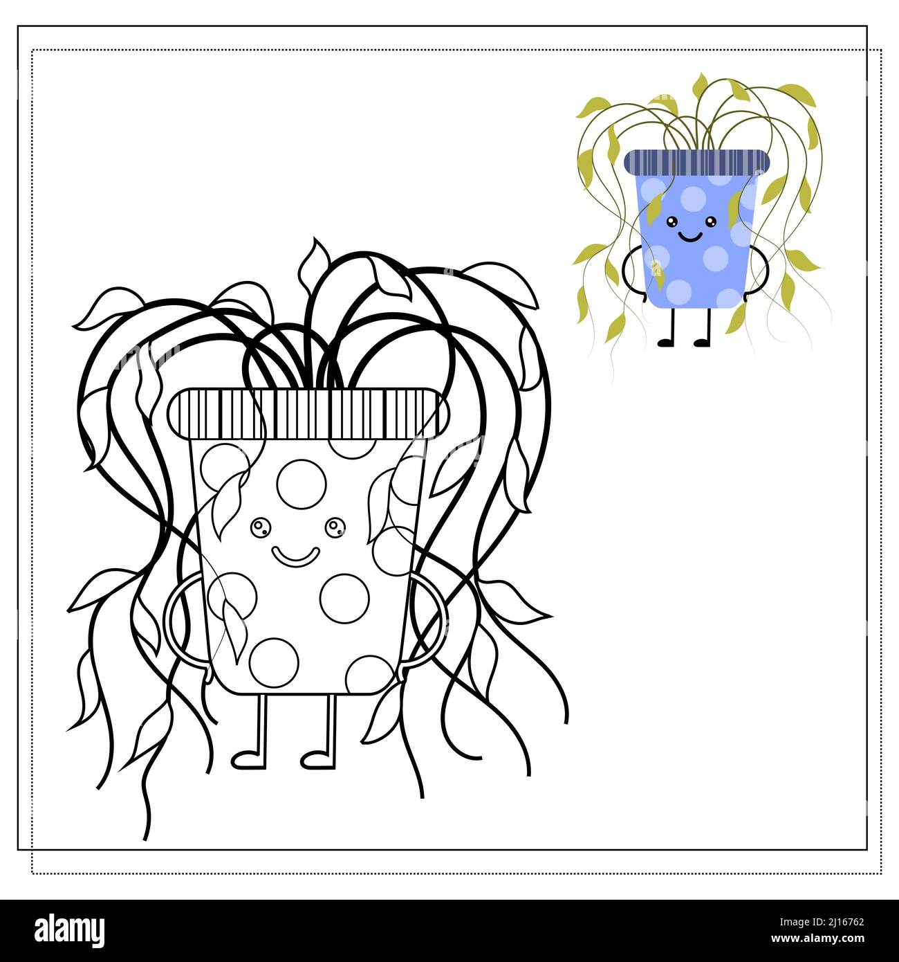 Libro da colorare per bambini. Dipingi un fiore carino del cartone animato in un POT basato sul disegno. Illustrazione Vettoriale
