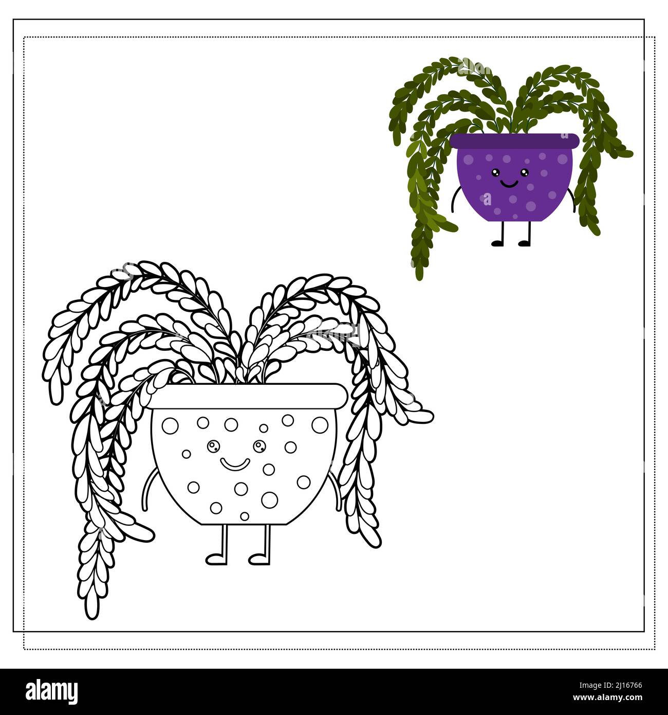 Libro da colorare per bambini. Dipingi un fiore carino del cartone animato in un POT basato sul disegno. Illustrazione Vettoriale