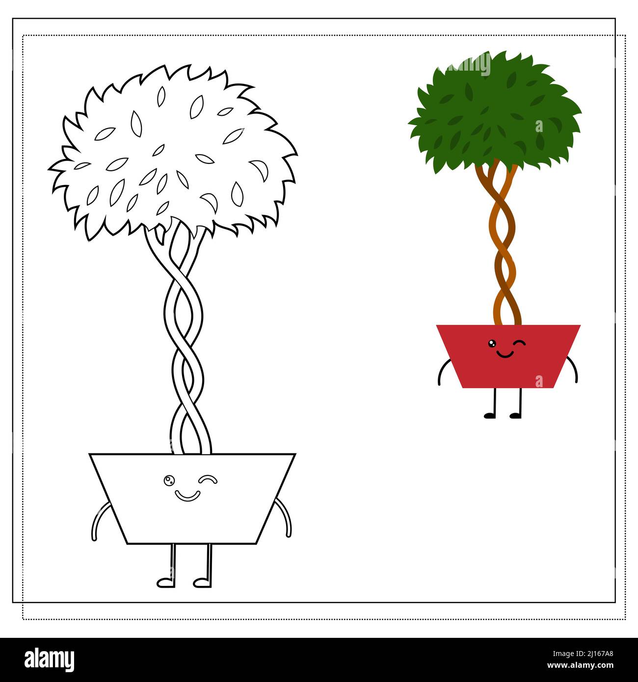 Libro da colorare per bambini. Dipingi un fiore carino del cartone animato in un POT basato sul disegno. Illustrazione Vettoriale