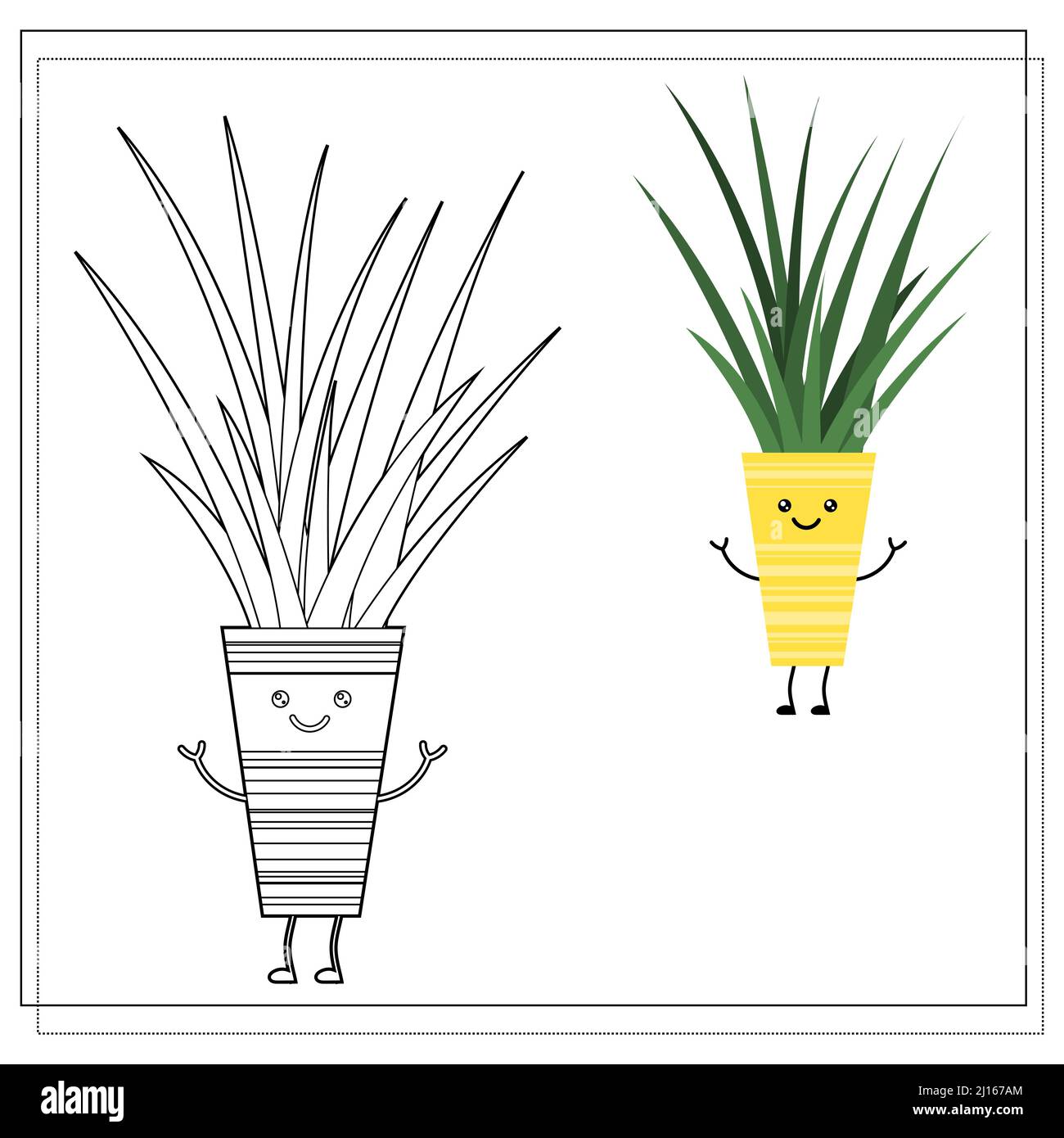 Libro da colorare per bambini. Dipingi un fiore carino del cartone animato in un POT basato sul disegno. Illustrazione Vettoriale