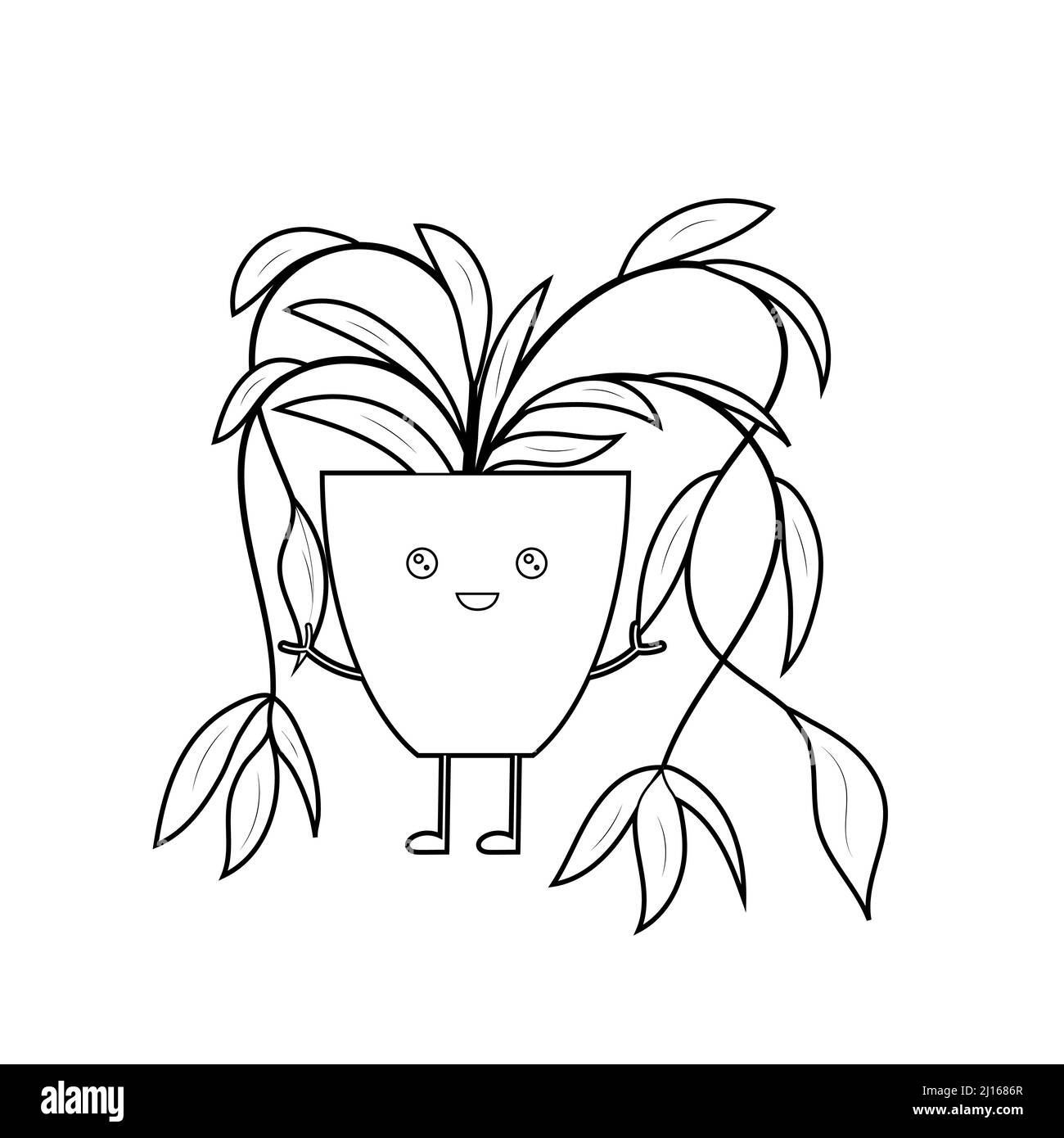 Libro da colorare per i bambini, carini fiori di cartoni animati in una pentola kawaii. Illustrazione Vettoriale