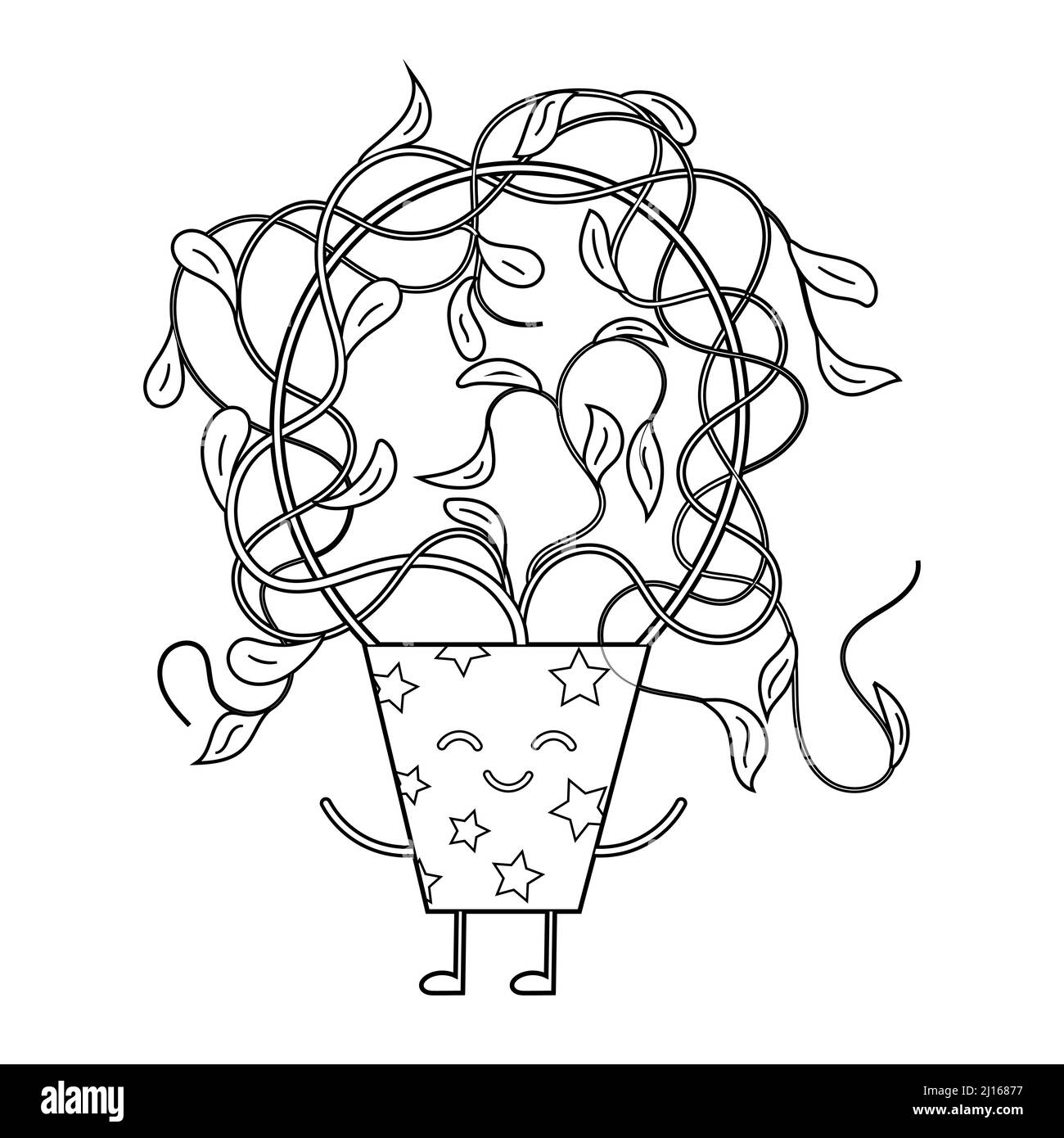 Libro da colorare per i bambini, carini fiori di cartoni animati in una pentola kawaii. Illustrazione Vettoriale