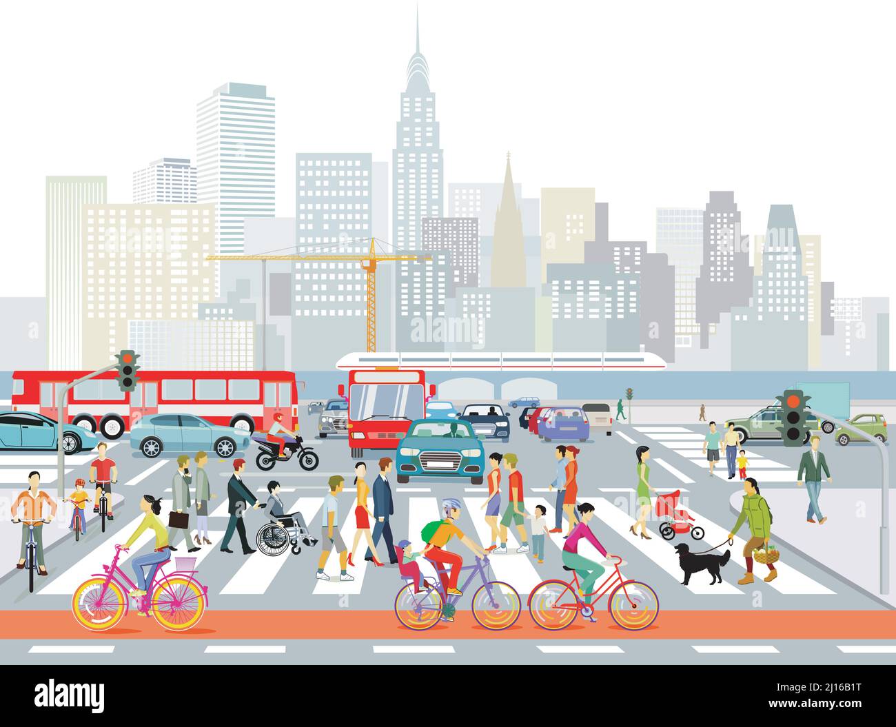 Silhouette cittadina con pedoni sulla zebra che attraversa e trasporto pubblico e ciclisti, illustrazione Illustrazione Vettoriale