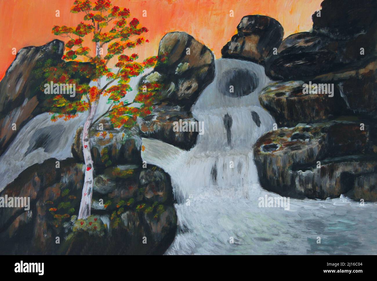 Dipinto ad olio su tela di un albero con foglie d'autunno crescendo in roccia impastata della roccia da una cascata cascata Foto Stock
