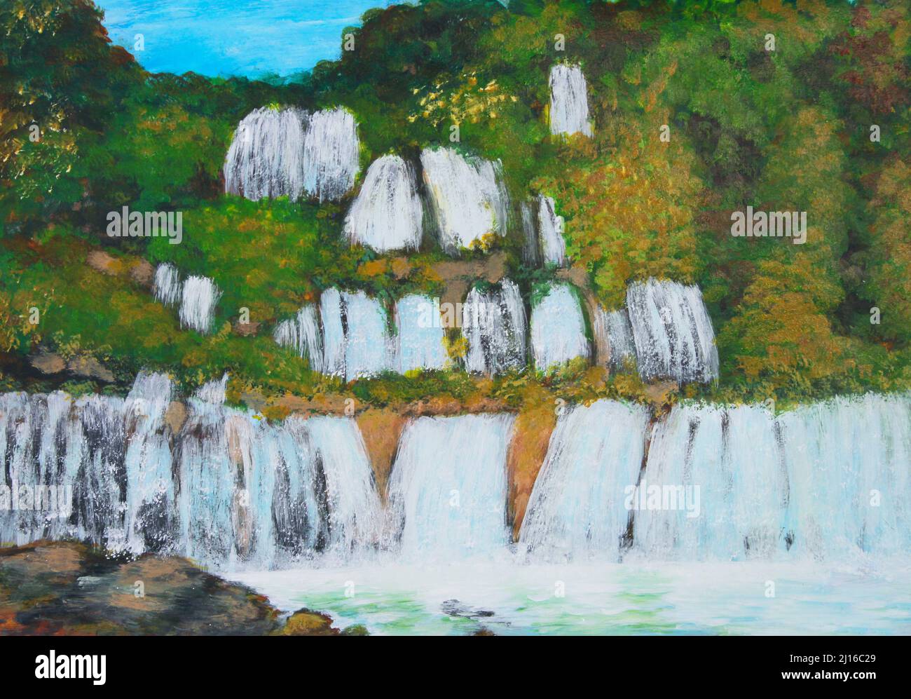 Dipinto ad olio su tela di cascata a più livelli nel mezzo di foresta Foto Stock