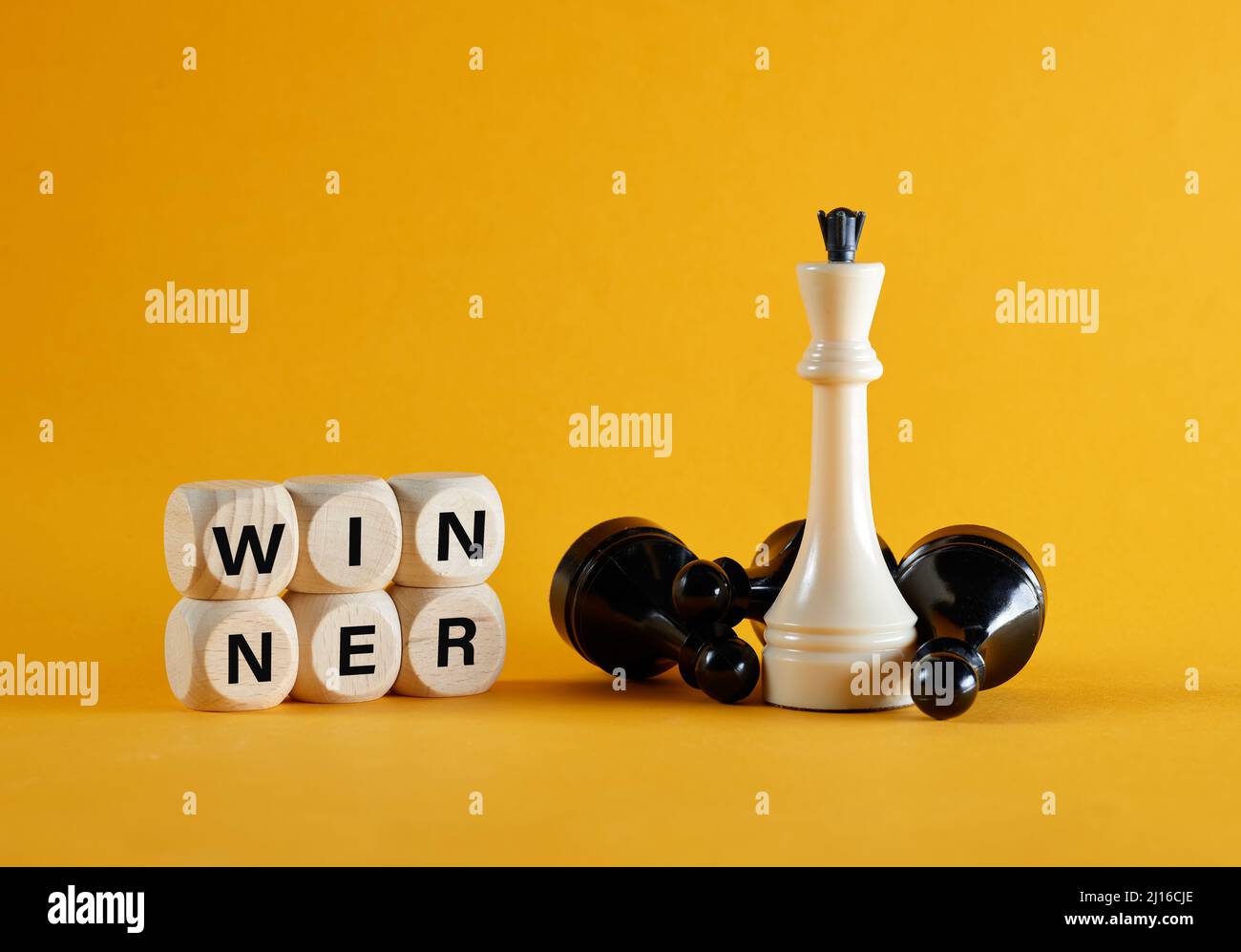 Scacchi re in piedi vicino alle pedine rivali caduti con la parola vincitore. Successo aziendale, leadership e concetto vincente. Foto Stock