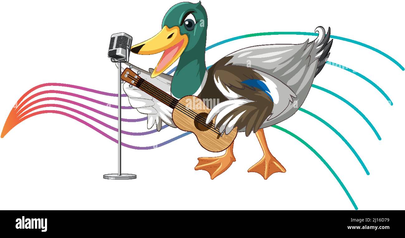 La chitarra anatra suona, ukulele con illustrazione di nota musicale Illustrazione Vettoriale