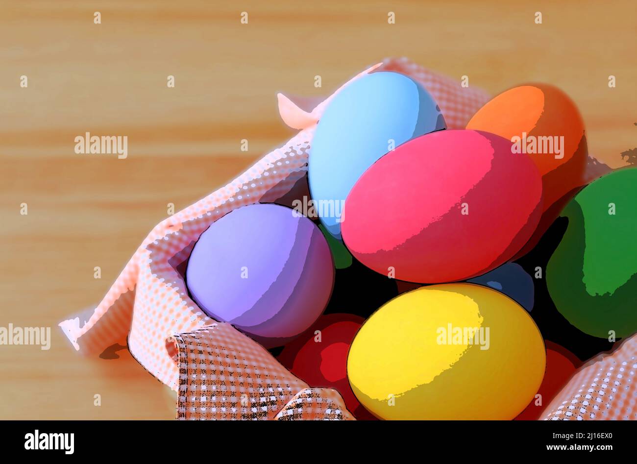 Illustrazione delle uova di Pasqua colorate in un cestino su sfondo di legno Foto Stock