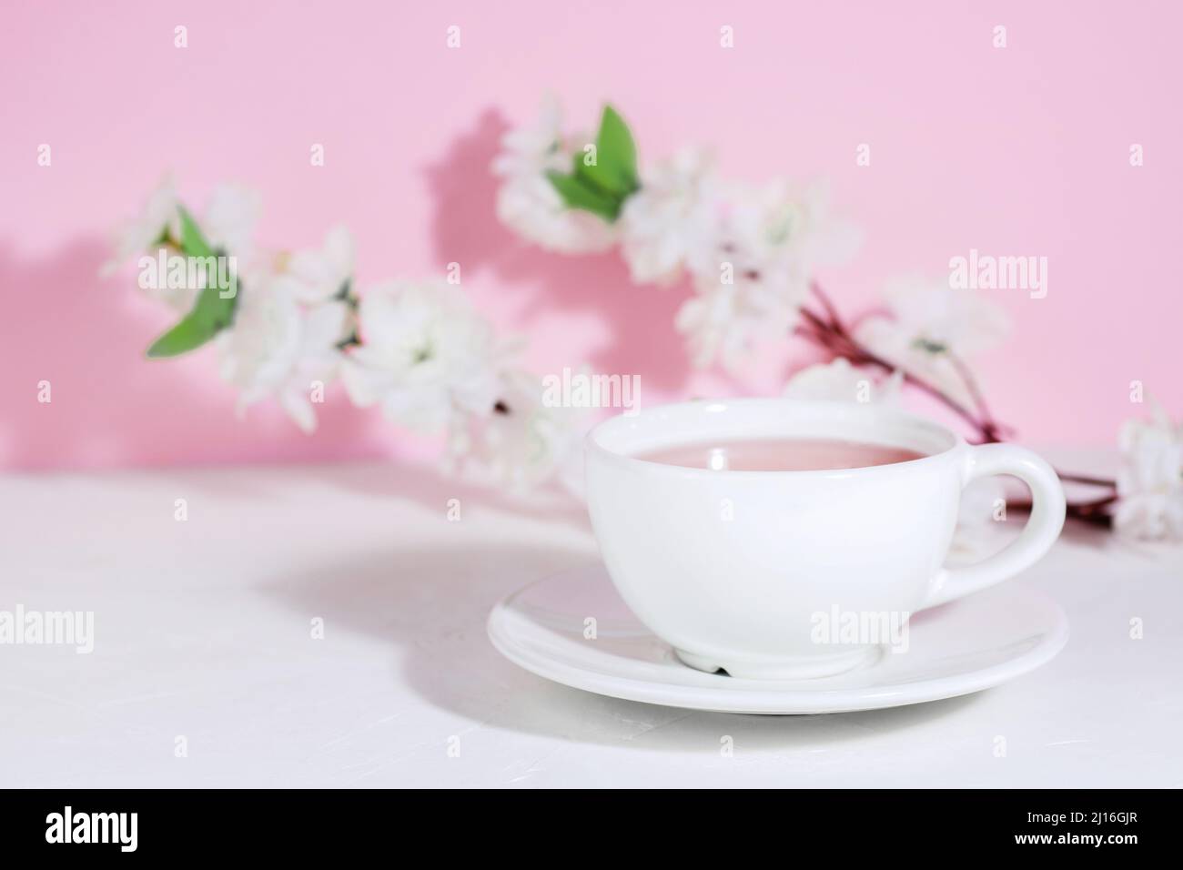 Tazza bianca con tè rosa, su un piattino, su un tavolo di cemento, su sfondo rosa con fiori. Ombre dure. Le bevande. Spazio di copia Foto Stock