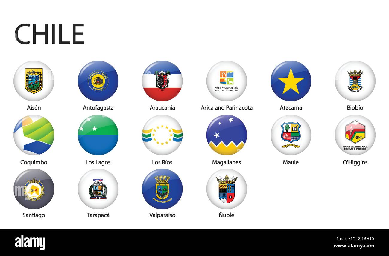 Tutte le bandiere delle regioni del Cile. Design con bandierina a bottone lucida Illustrazione Vettoriale